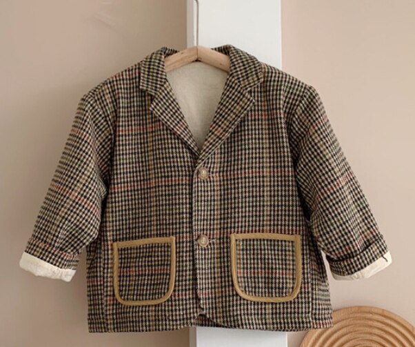 Efterår koreansk stil børn retro uldne plaiddragt frakker drenge piger løse jakker 1-7y: 3t