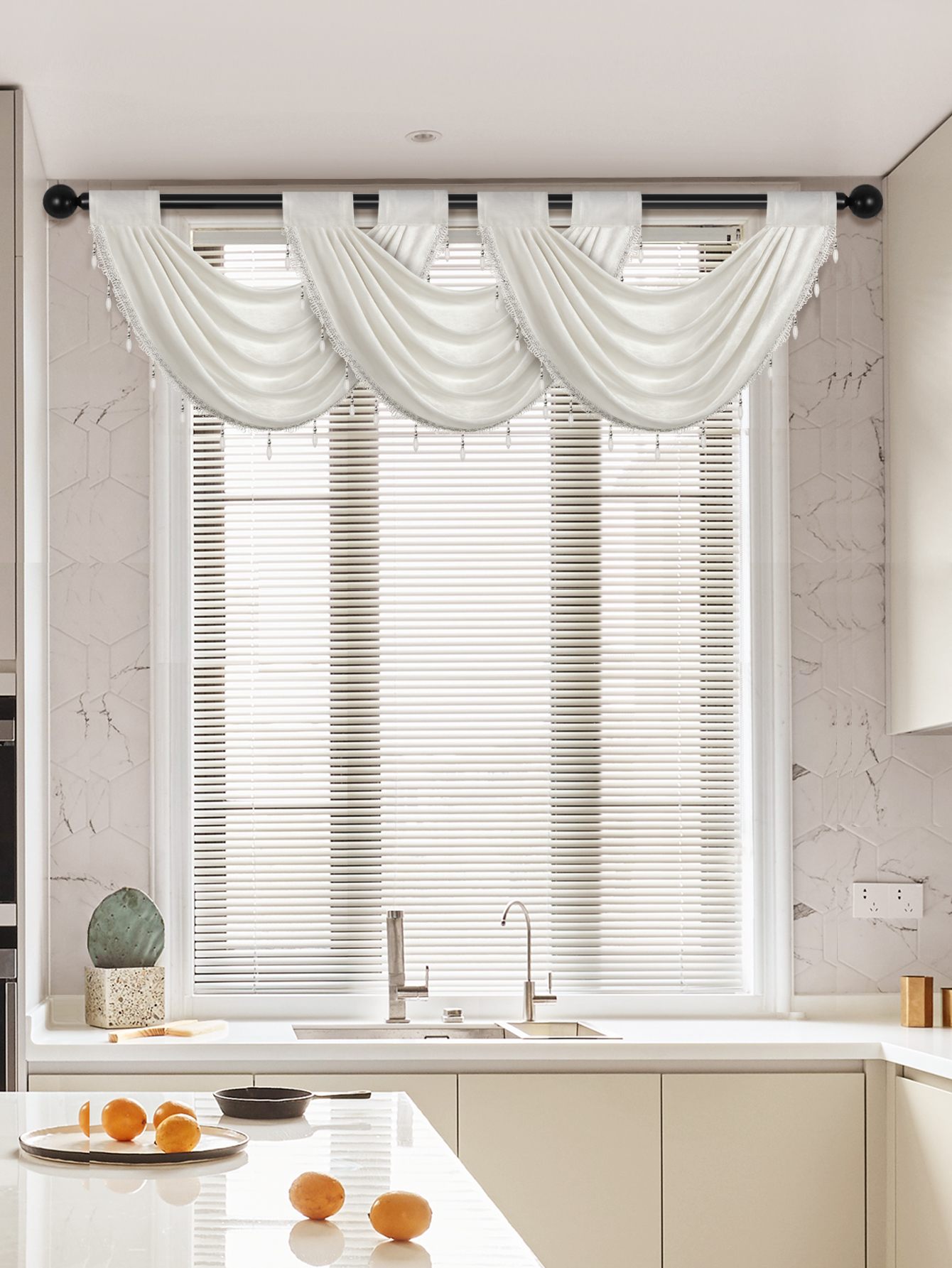 Cantonnière de rideau de fenêtre de Style européen de luxe, 1 pièce, pour salon, poche de tige, cantonnière moderne avec bord de perle de gagner, décor dow: WHITE