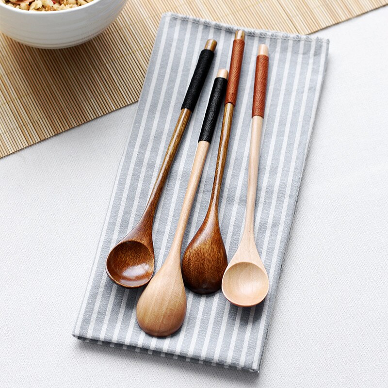 6Pcs/Set Handmade Wooden Long Teaspoons Japanese Style Dessert Spoon Honey Coffee Mixing Spoons Kitchen Tableware