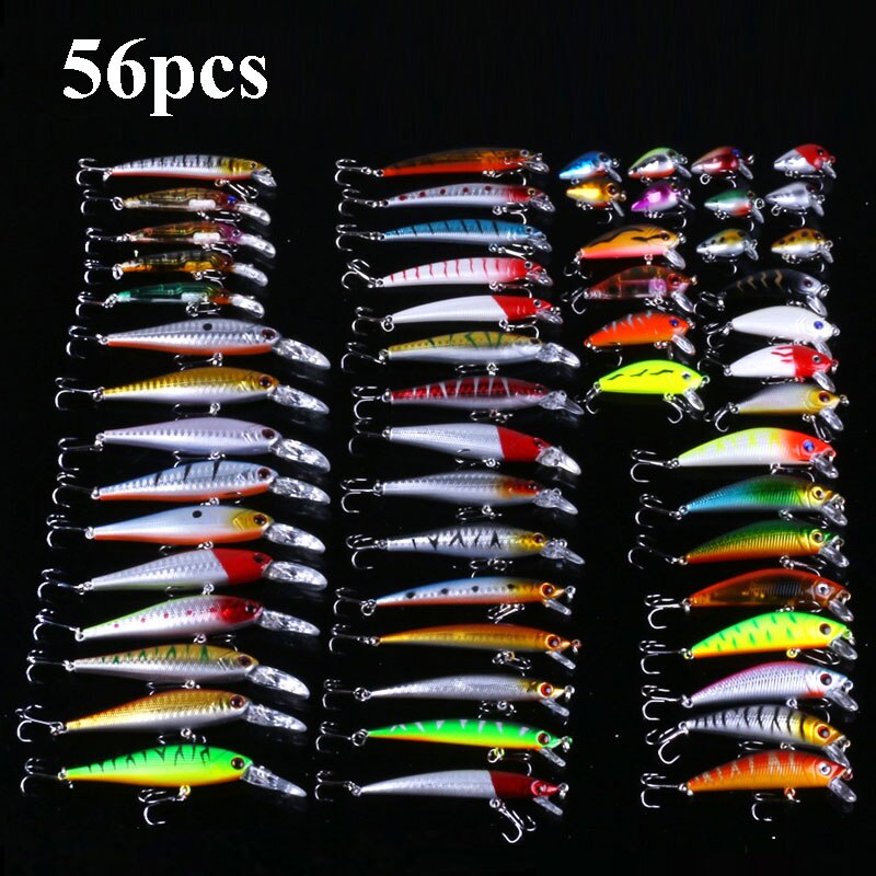 56pcs/pack Mixed Fishing Lure Bait Set Wobbler Crankbaits Swimbait Minnow Hard Baits Spiners Carp Artificial Fishing Tackle: A 56pcs