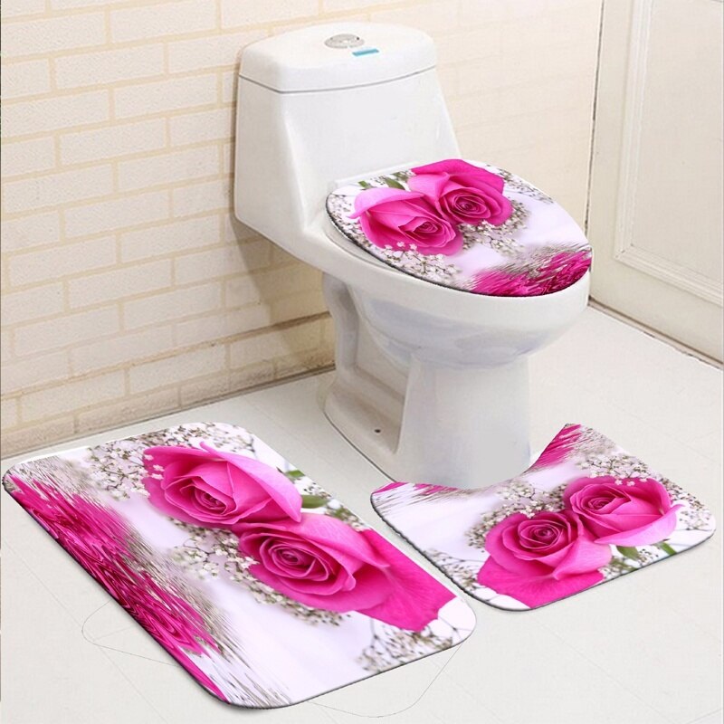 Pink rose trykt vandtæt bruseforhæng badeværelse skridsikkert tæppet sæt bad tæpper toilet sædebetræk gulvmåtte badeværelsesindretning: 50 x 80cm