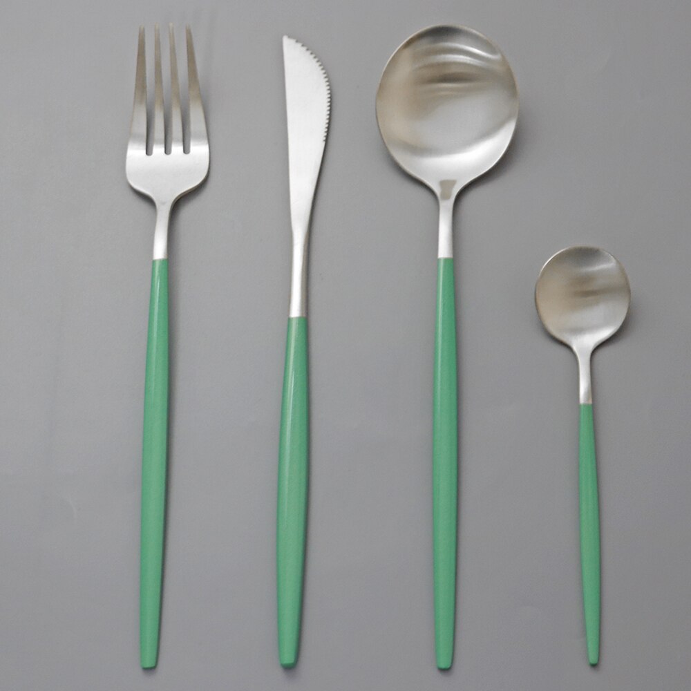 Western 4 pièces rose or mat ensemble de couverts 304 en acier inoxydable vaisselle couteau fourchette cuillère vaisselle cuisine dîner couverts ensemble: Green Silver
