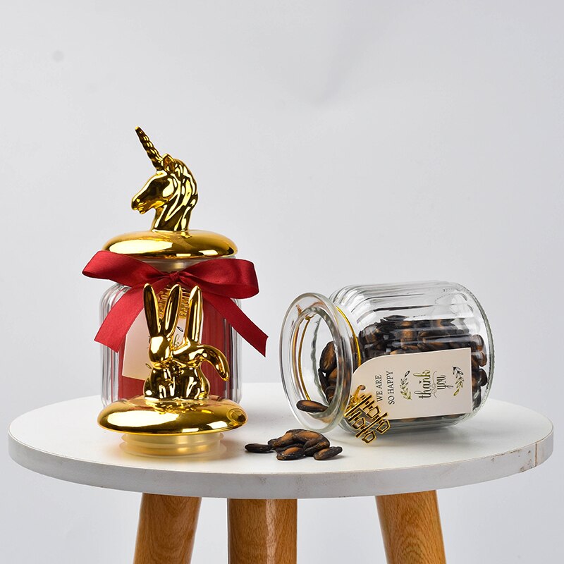 Nordic Storage Bottles Gold Plated Ceramic Cover Glass Jar Color Candy Snack Storage Tank Cartoon Animal Shape Home Decoration