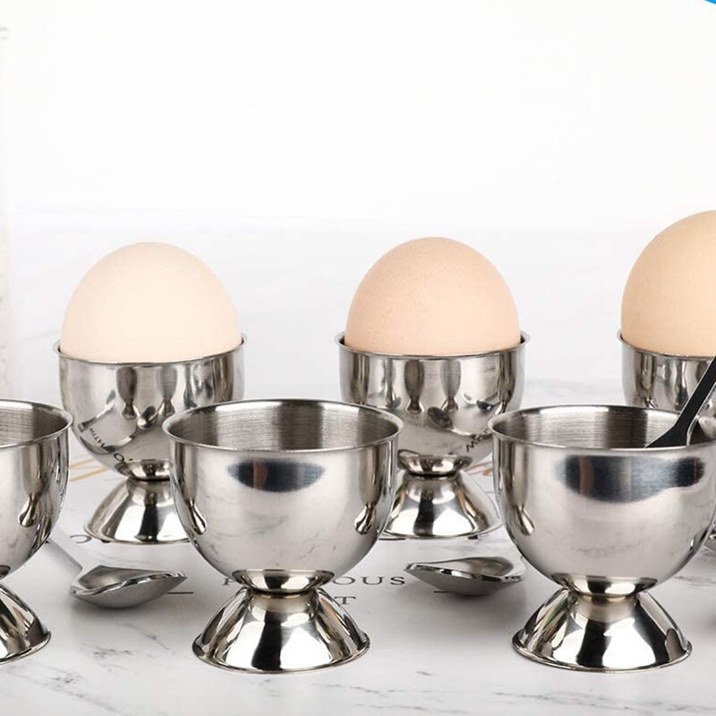 Eggekopper i rustfritt stål satt til hardt myke kokte egg med 6 eggekoppholdere 6 eggeskjeer, nyt eggekopper frokost