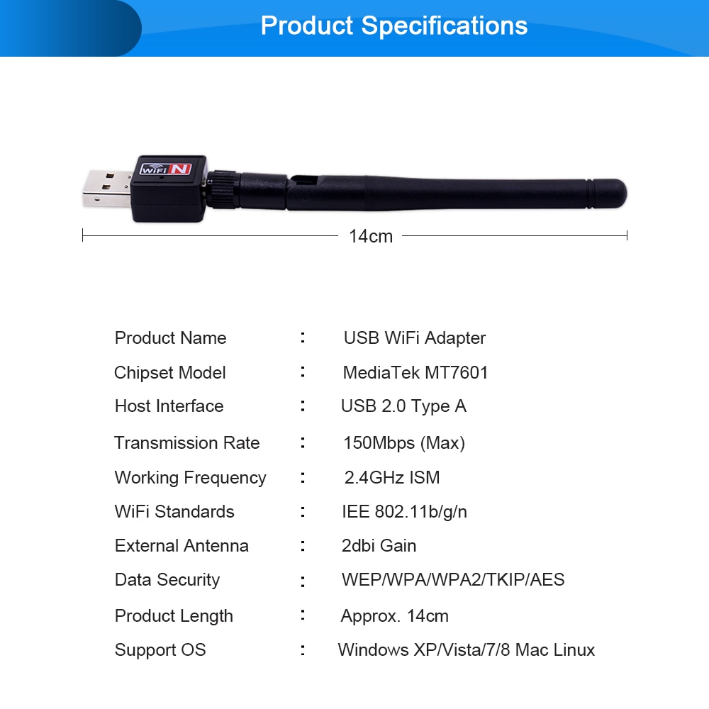 MJTEK 150M External USB WiFi Adapter Portable Dongle Antenna Mini Wireless Network LAN Card 802.11n/g/b for Windows 7 8 XP Vista