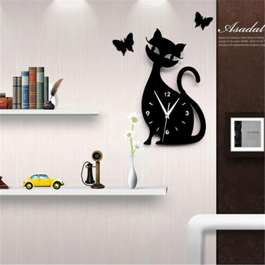 Acrylic Mirror Wall Clock Cartoon Cat Pointer Clock Watch Office Living Room Wall Mounted Clocks Decoration часы настенные: acrylic - black