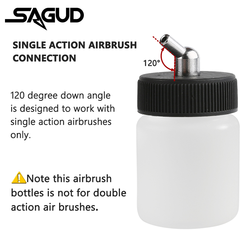 SAGUD Juego de botellas de aerógrafo con tarro de plástico de 10 piezas 30 ° /60 ° Adaptador de ángulo inferior con cubiertas de tapa de tarro para aerógrafos de acción simple/doble