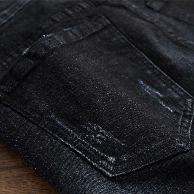 nouvelle noir broderie fleur maigre jean hommes Vintage déchiré fermeture éclair mendiant pantalon classique Denim Biker pantalon