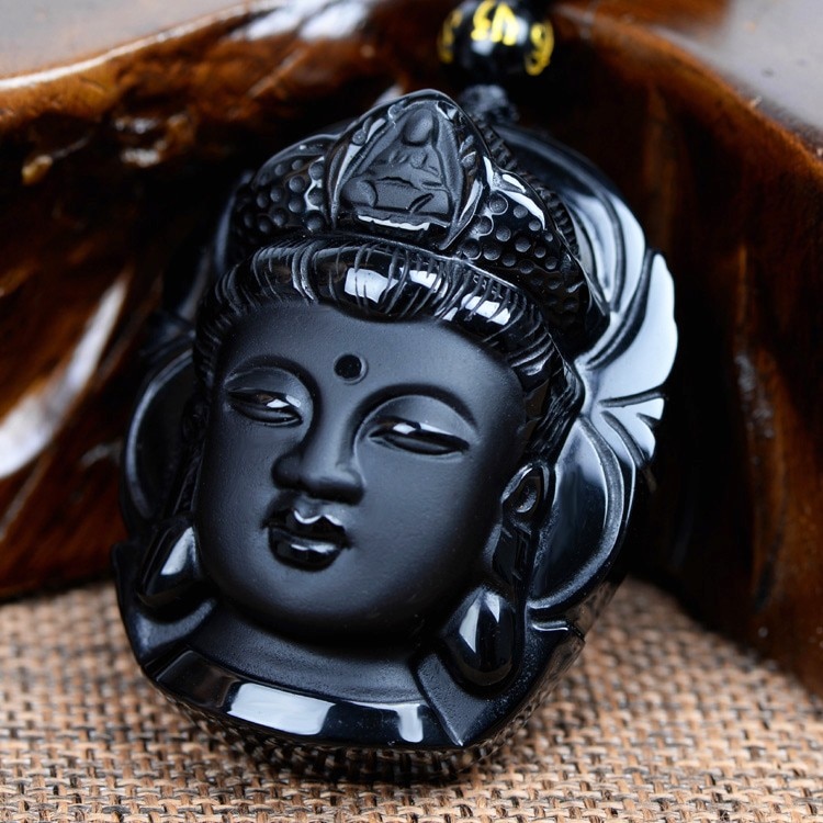 Oferta especial, colgante de solitario de Fairy Kolye para cabeza de Buda, colgante de amuleto de Guanyin obsidiana, collar para cadena de cuentas