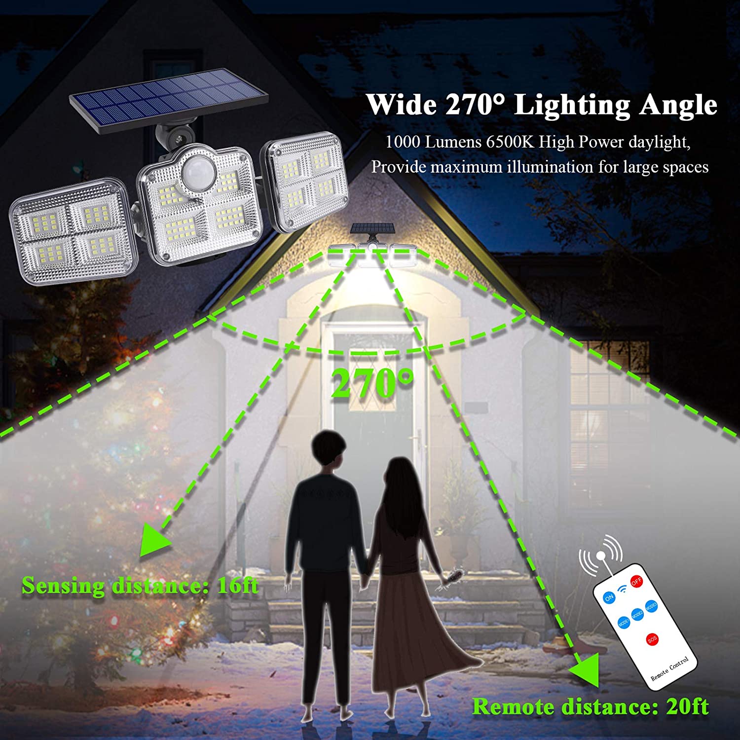 Solar Led Light Outdoor Lighting 3 Head Motion Sensor Wide Angle Illumination Super Bright Waterproof Remote Control Wall Lamp