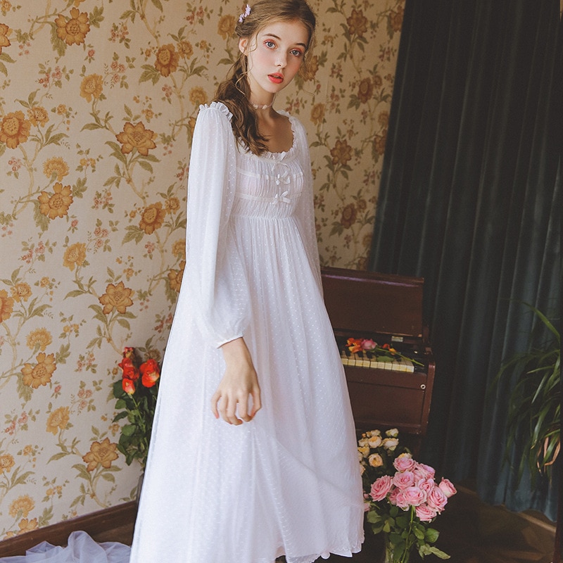Women Nightgown White Lace Cotton Nightgowns Nightdress Woman Long Sleeve Sleepwear Dress