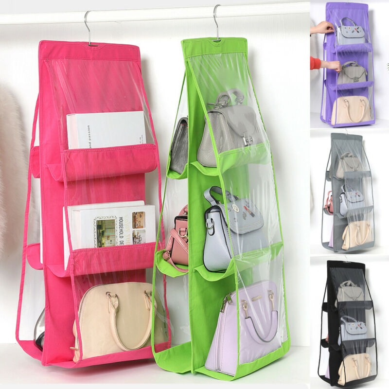 6 lommes sammenklappelig hængende håndtaske pung opbevaring stor klar holder anti-støv arrangør rack krog bøjle rack taske