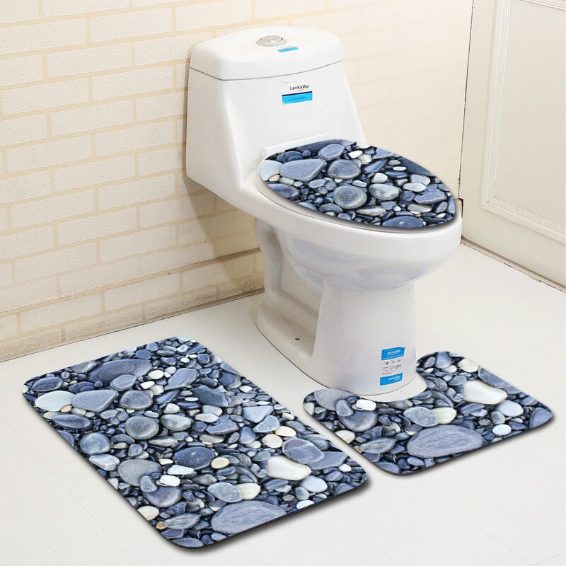 3 Piece Set Stone Printing Bath Mat Set Anti Slip Carpet Doormat Bathroom Cover Toilet Seat Mat Bath Rug Accessories for Toilet