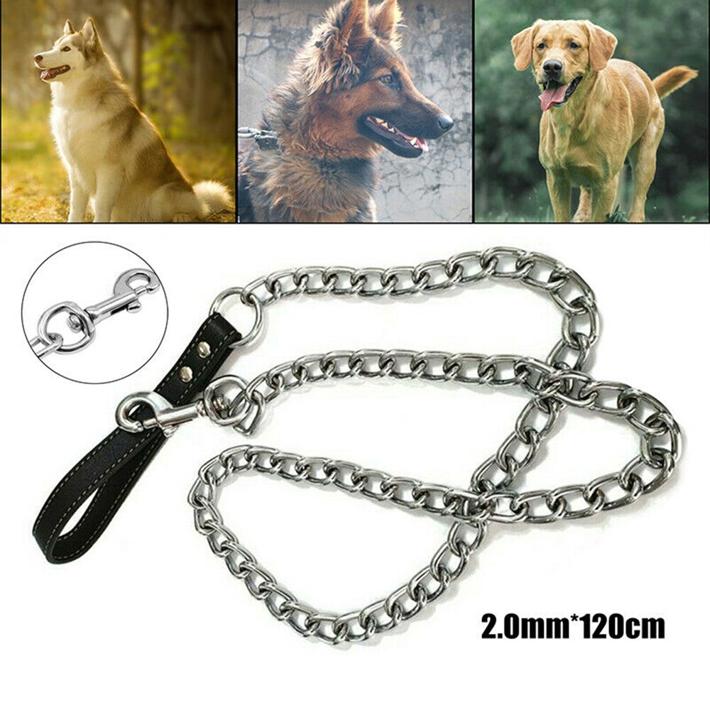 Heavy Duty Metal Chain Dog Lead With Leather Handle Long Strong Control Leash Outdoor Pet Traction Rope Anti Bite Chain