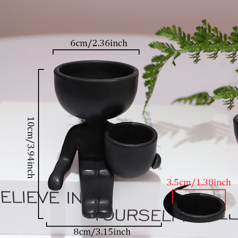 Humanoid Ceramic Flower Pot Character Sitting Posture Sculpture Vase Desktop Flower Arrangement Container Couple Ornaments: Black (B)