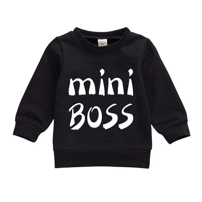 Moda criança crianças bebê menino menina roupas mini chefe carta impresso pulôver outono inverno casual t-shirts: Black / 12 m