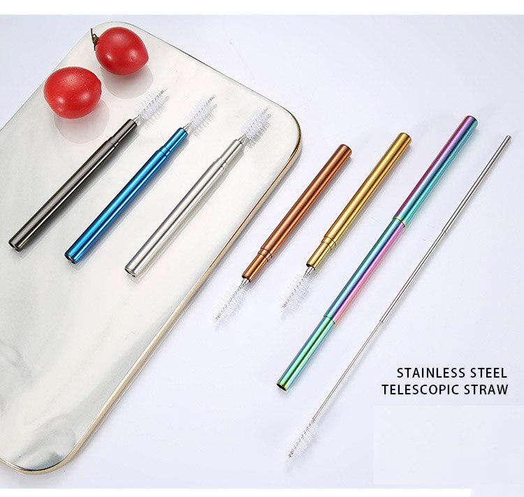 Reusable Stainless Steel Straws with Aluminum Keychain Case Cleaning Brush Collapsible Telescopic Portable Drinking Straws