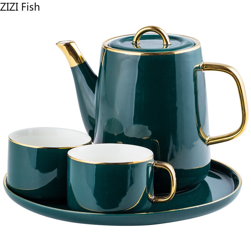 European Luxurious Green Ceramics Tea Set Teacup Teapot with Tray Suit Mugs Milk Tea Coffee Green Household Tea Set