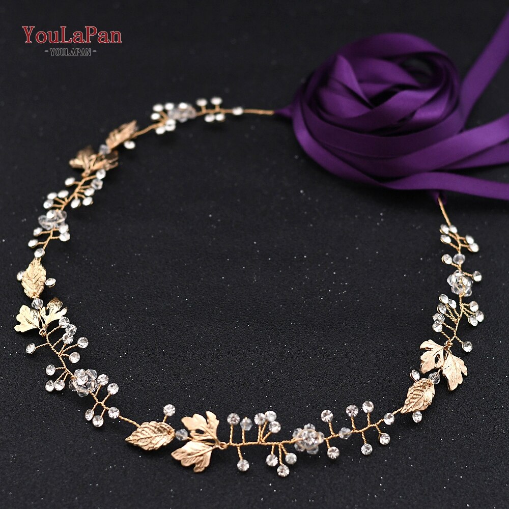 YouLaPan SH122 cinturón de boda dorado hojas doradas vestido de boda cinturón con cristales cinturón nupcial accesorios de vestido de novia cinturón de novia: Purple ribbon