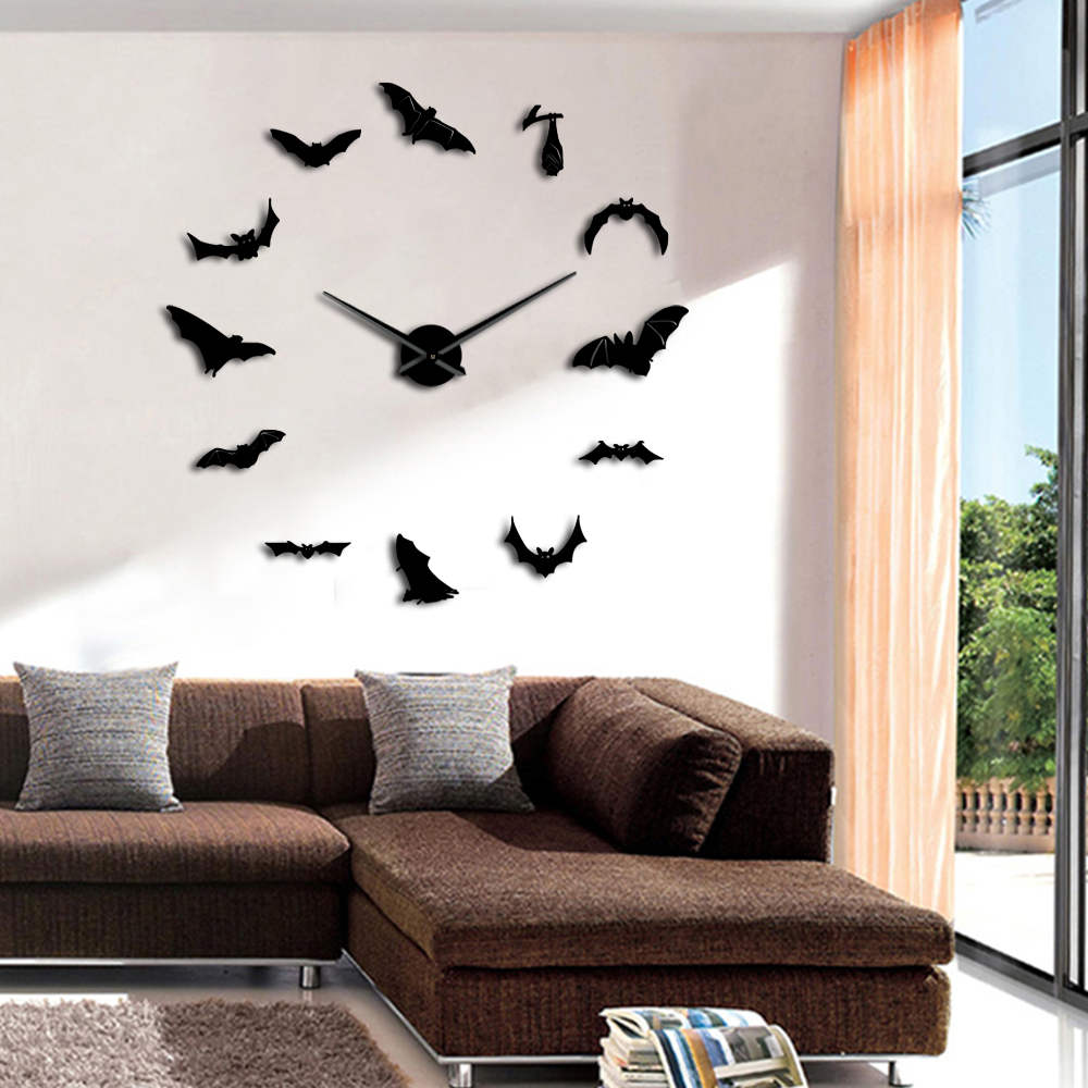 Vampire Bats Large Wall Clock Modern 3D DIY Frameless Giant Mirror Effect Big Giant Wall Clock Home Decor: Black / 47inch