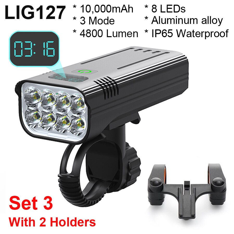 NEWBOLER Luz bicicleta 3600 lúmenes juego de luces de bicicleta MTB a prueba de lluvia recargable por USB con 2 soportes 5200 mAh ciclismo linterna accesorios para bicicleta: LIG127 Set 3
