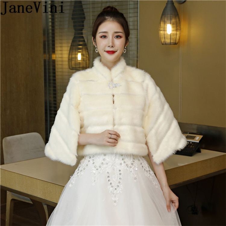 Janevini Ivoor Bont Korte Bolero Voor Vrouwen Winter Bruiloft Wrap Hoge Hals Faux Fur Bruids Sjaal Jas Mantel Avond Bolero novia