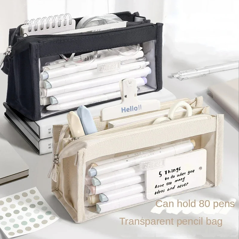 6 Layers Large Capacity Pencils Bag Aesthetic Pen Stationery Supplies Transparent Zipper Pouch for School Girl Pen Case: green