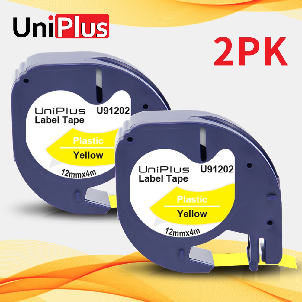 UniPlus 2PK 91332 91222 12mm Labeling Tape Replace Dymo Letratag 91202 Black on Yellow Printer Ribbon for LT Label Maker QX50