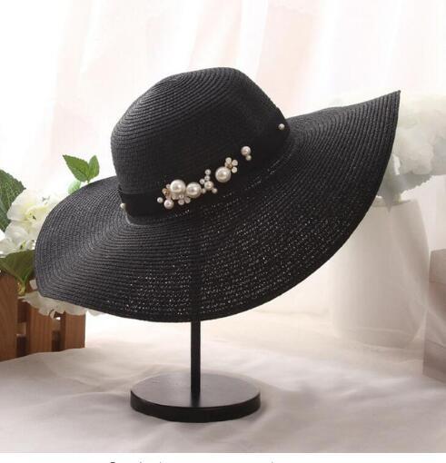 summer straw hat women big wide brim beach hat sun hat foldable sun block UV protection pearl panama hat bone chapeu feminino: balck