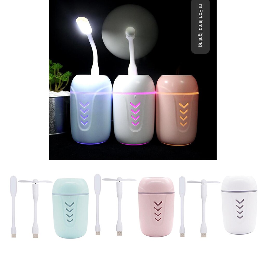 Portable Mini USB Humidifier, 200ml Low Noise Humidifier with Colors Night Light and Mini Fan, USB Cable