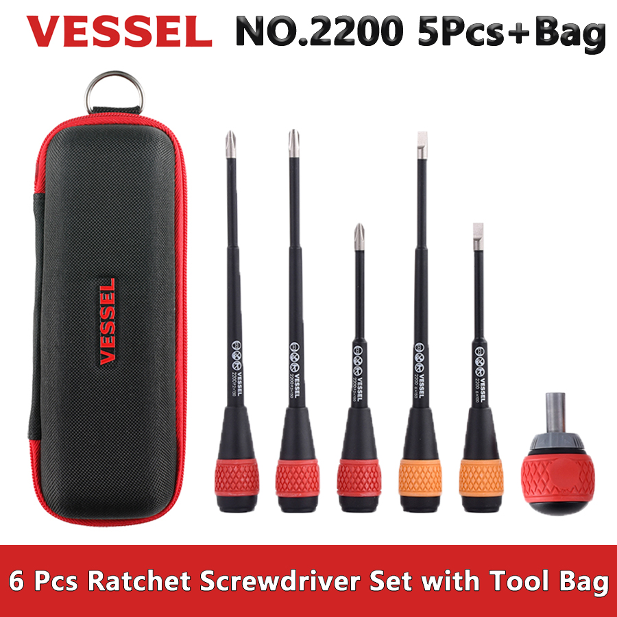 VESSEL 6 Pcs Ball Grip Ratchet Screwdriver Set with Tool Bag for Phillips and Slotted Screws Hand Tools NO.2200 5Pcs+Bag: Default Title