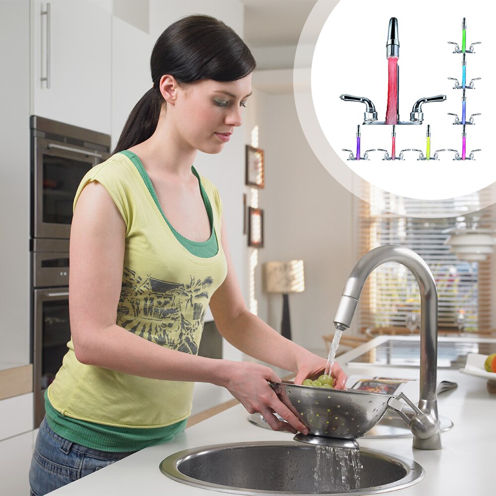 Luminoso luz LED grifo de agua grifo de ducha cuenca boquilla de agua de baño cocina calentador de grifos termostato azul 3 colores 7 colores