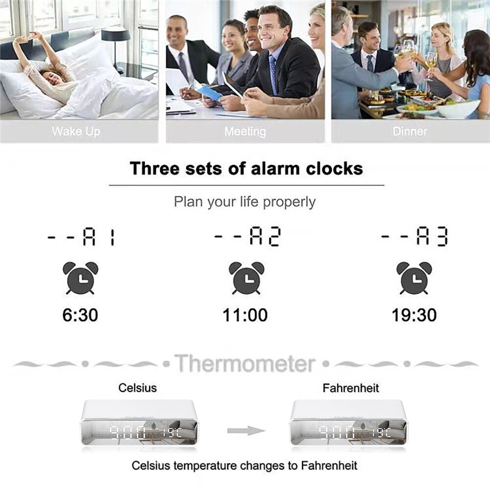 3 in1 LED Electric Alarm Clock Wireless Charger Phone Charging Pad Digital Thermometer Clock HD Clock Mirror With Time Memory