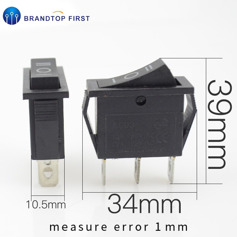 2pcs KCD3 Rocker Switch 15A /20A 125V/250V ON-OFF-ON 3 Position 3 Pin Electrical equipment Power switch black