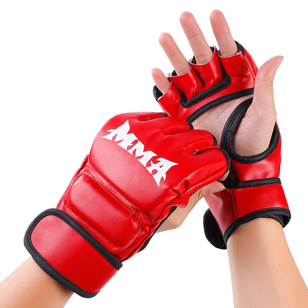 1 par tjocka boxningshandskar mma handskar halvfinger boxningssäck kickboxning muay thai vantar boxnings träningsutrustning: Röd