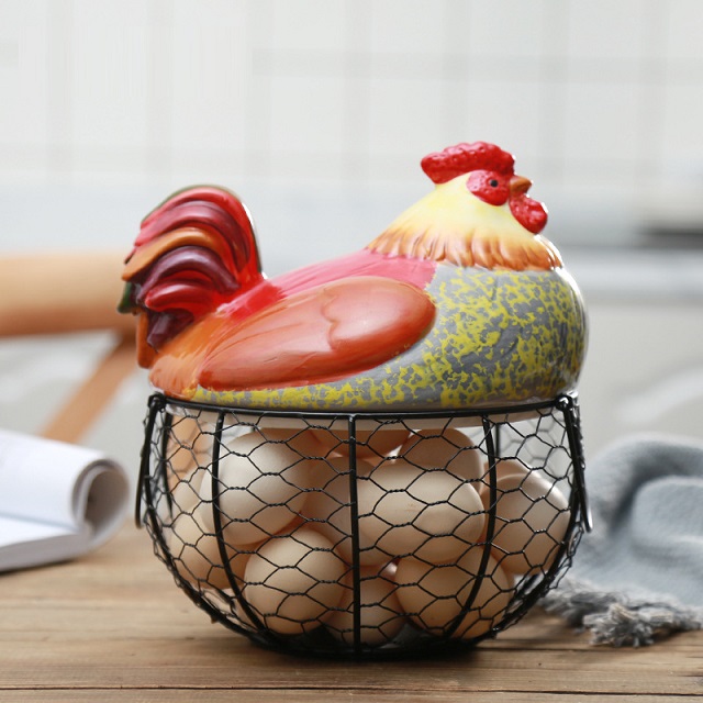 Keramisk ægholder kyllingetråd æggekurv frugtkurvopsamling keramisk høne oramenter dekoration køkken opbevaringsværktøj: 5