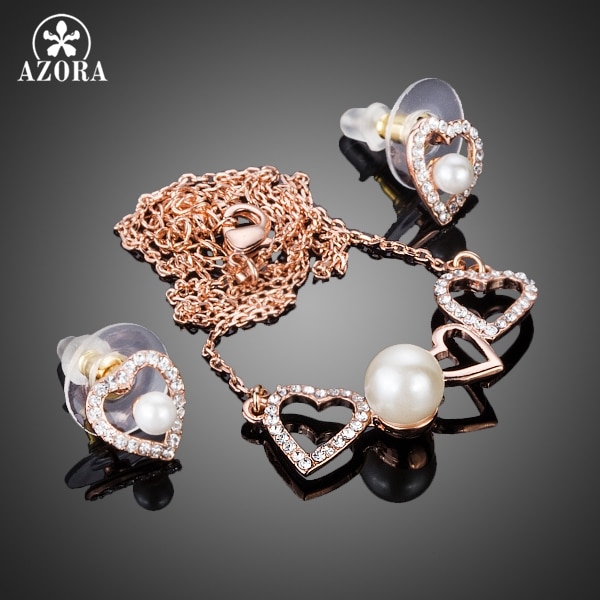 AZORA Romantic Rose Gold Color Stellux Austrian Crystal Pearl Heart Stud Earrings and Pendant Necklace Jewelry Set TG0189