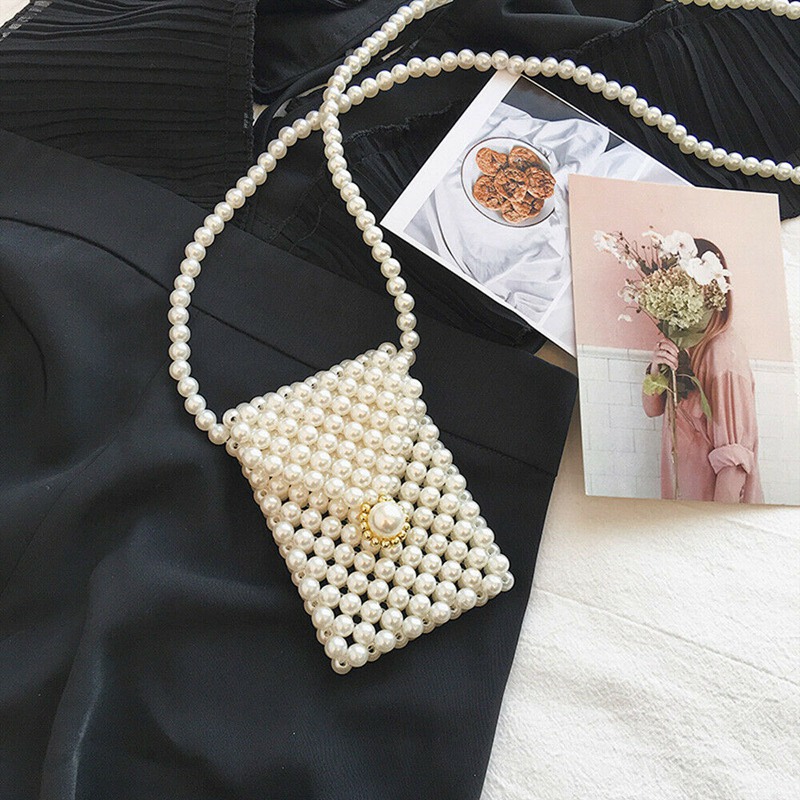 Stock Local femmes Tissé À La Main Sac De Perles Blanc Femmes Perlée Rouge À Lèvres Poche Sac INS: Black