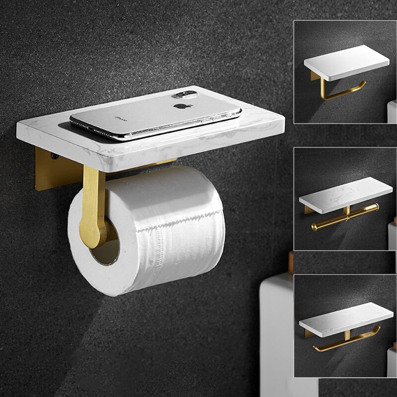 Porte-rouleau de papier essuie-tout en marbre doré, support mural de luxe pour téléphone portable, étagère de salle de bains, porte-papier toilette