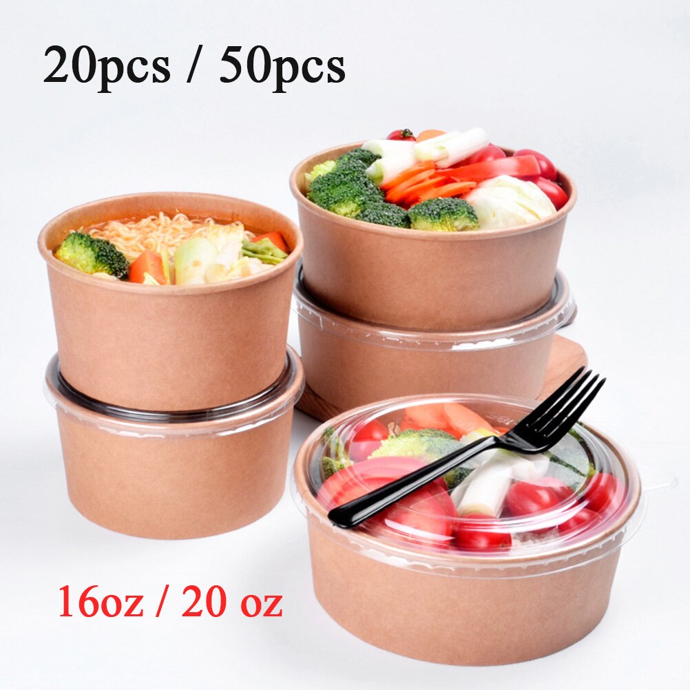 20pcs 50pcs Disposable Kraft Paper Bowl With Paper Lid Fruit Salad Bowl Lids Food Packaging Containers Party Favors (16oz 26oz