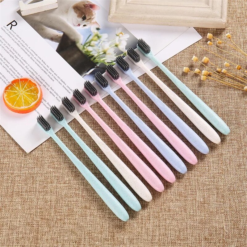 10 stuks prijs tarwestro tandenborstel bamboe houtskool tandenborstels mondverzorging zachte borstelharen tanden reinigen