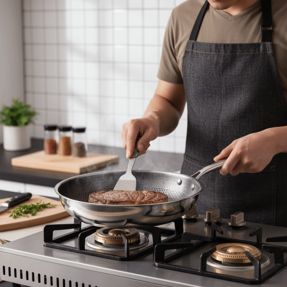 26/28/30cm Stainless Steel Frying Pan Durable Multi-functional Non Stick Wok Thickened Base Non-coated Surface