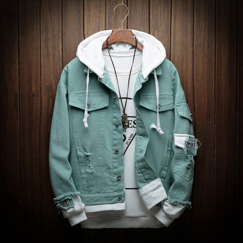 Men Autumn Hooded Denim Jackets Pink Jean Coats Good Men Cotton Holes Denim Coats Jean Jackets Size 3XL: Green / M