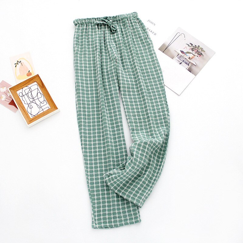 NHKDSASA Men's Cotton Gauze Trousers Plaid Sleep Pants Woman Pajamas Pants Bottoms Sleepwear Short for Couples Pijama Hombre: Womens Green / M