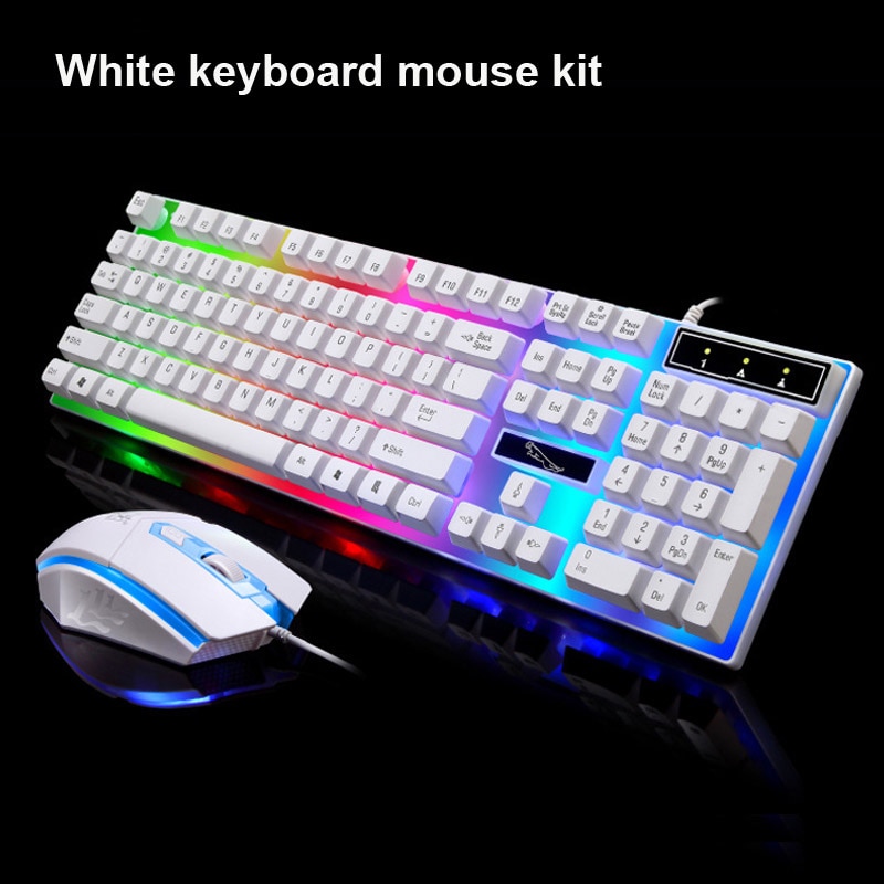 Erilles Wired Gaming Mechanical Feel Backlight Keyboard Mouse combo USB Mice Flexible Polychromatic LED Lights Computer Gamer: White Keyboard Mouse