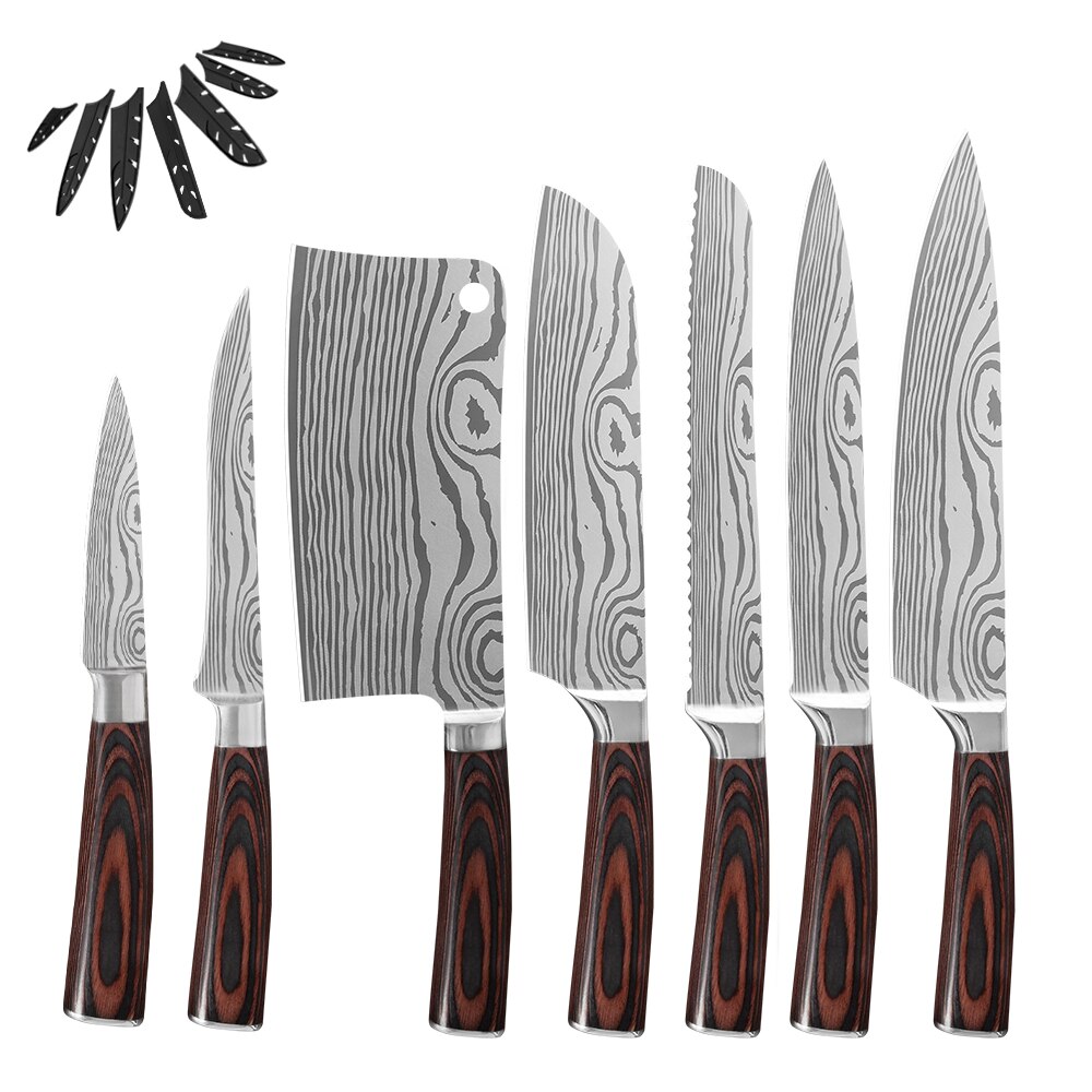 Sowoll køkken kokke knive sæt damaskus mønster klinge hakning santoku udbeningskniv kød fisk sushi madlavningsværktøj knivbetræk: D .7 stk. sæt