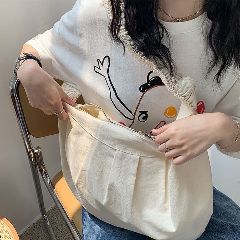 Segeltuch-schultertaschen für damen, studentinnen, crossbody-taschen, lässig, geräumig, schlicht, einfarbig, plissiert, stylisch, harajuku-schick