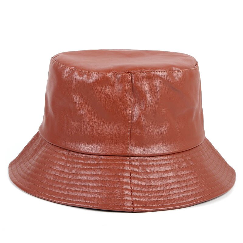 Women's Leather Bucket Hat Korea Style Black Red Woman Bucket Hats gorra mujer Bob Chapeau Femme fisherman Cap: Brown