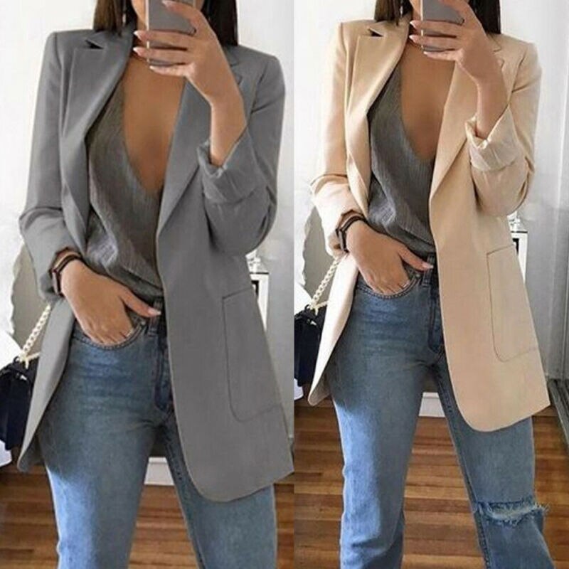 Solid Style Lady Young Women Slim Casual Business Blazer Suit Jacket Coat Outwear Khaki Gary Black