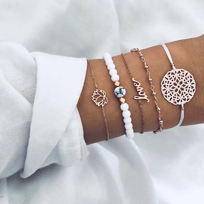 5 teile/satz Böhmen Hülse Mond Charme Armbinde einstellen Für Frauen Herz Geometrische Schwarz Perlen Kette Armreif Mädchen Schmuck: Blau verzinkt